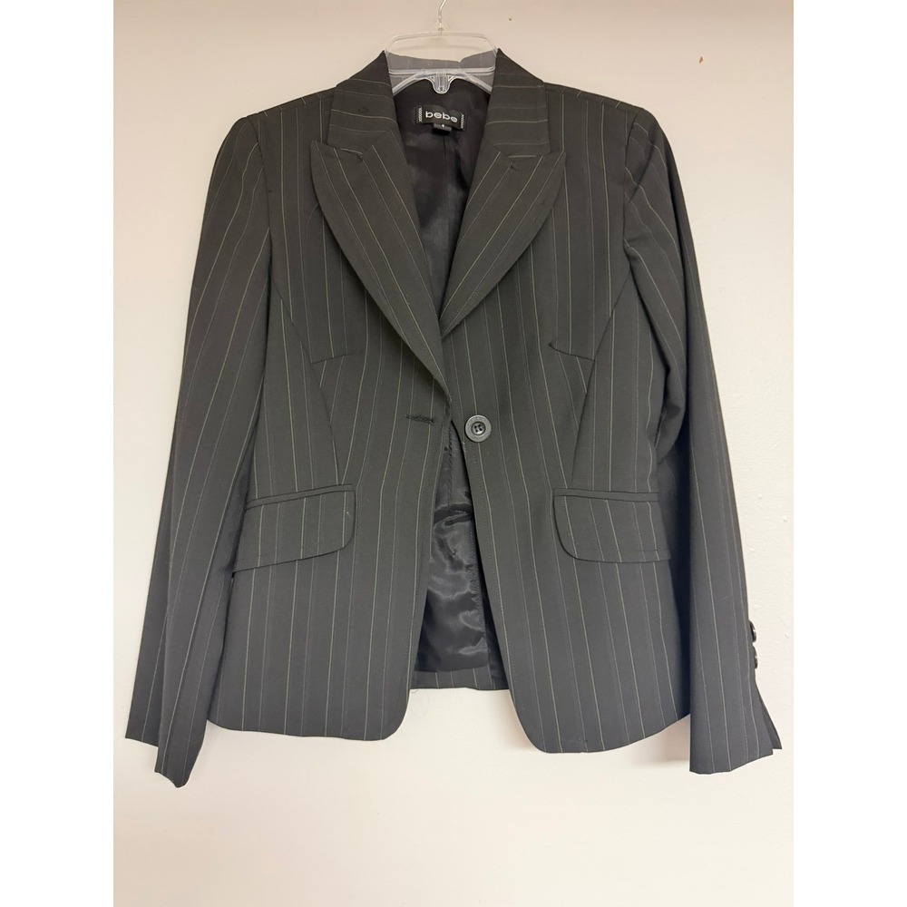 Bebe Womens Black Pinstripe Single Button Blazer Jacket Size 4 Made in USA